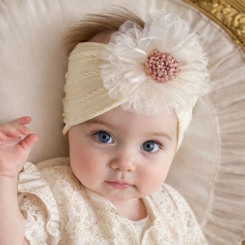 Βρεφική Κορδέλα με λουλούδι τούλι beige lace bow_81111